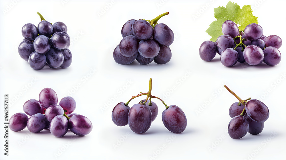 Obraz premium Six bunches of purple grapes on white background