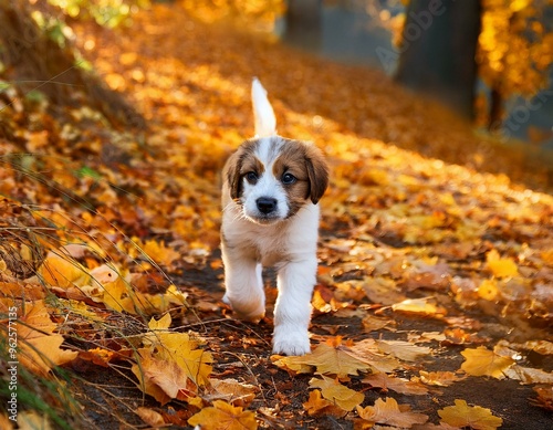 紅葉のなかを歩く犬 photo