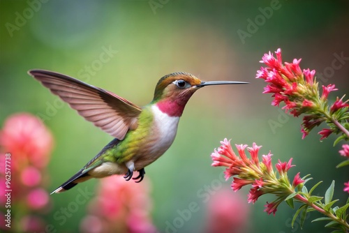 Colorful hummingbird hovering near red flowers in vibrant green garden photo