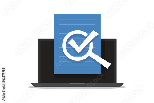 Approved and confirmed document file check online on laptop computer or quality control of text writing and creating icon flat cartoon, concept digital accepted or certified license paper form image