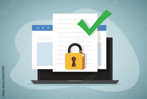 Document data secure confidential online access locked on laptop computer vector or internet web text file privacy protection block flat icon