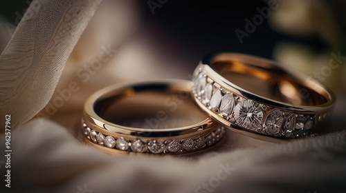 Wedding couple rings over silk fabric