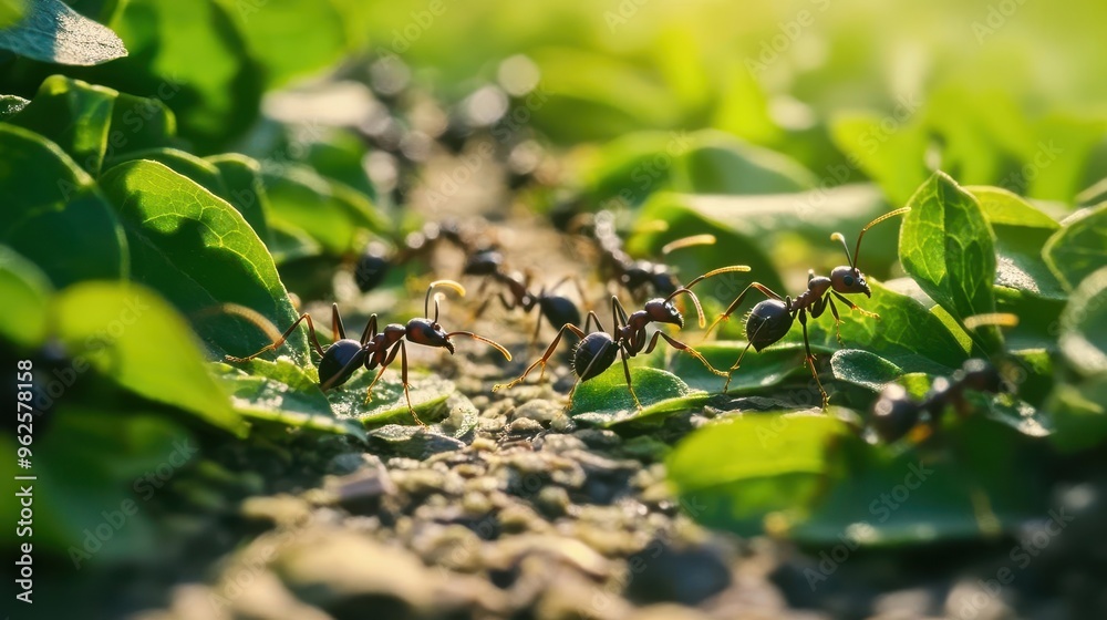 Obraz premium Macro shot of ants marching on a leaf-strewn path, with the vibrant green leaves contrasting against the dark forms of the ants