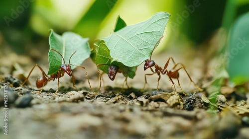 Macro shot of ants carrying leaves while marching on a jungle trail, capturing the industrious nature of these tiny creatures