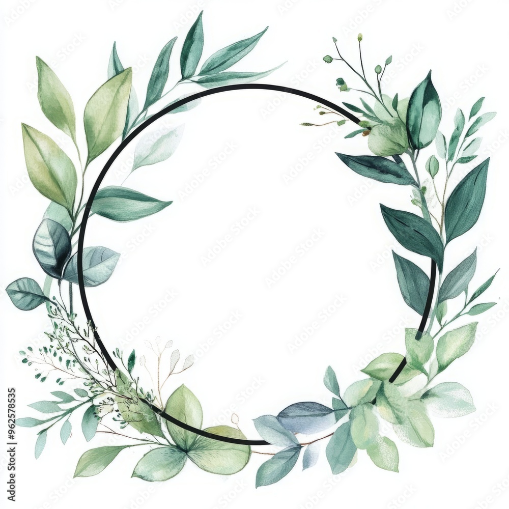 Watercolor Painted Leaves Surrounding a Simple Black Line Frame, Featuring Soft and Elegant Botanical Elements in a Minimalist Design Watercolor Painted Leaves Surrounding a Simple Black Line Frame, Featuring Soft and Elegant Botanical Elements in a Minimalist Design