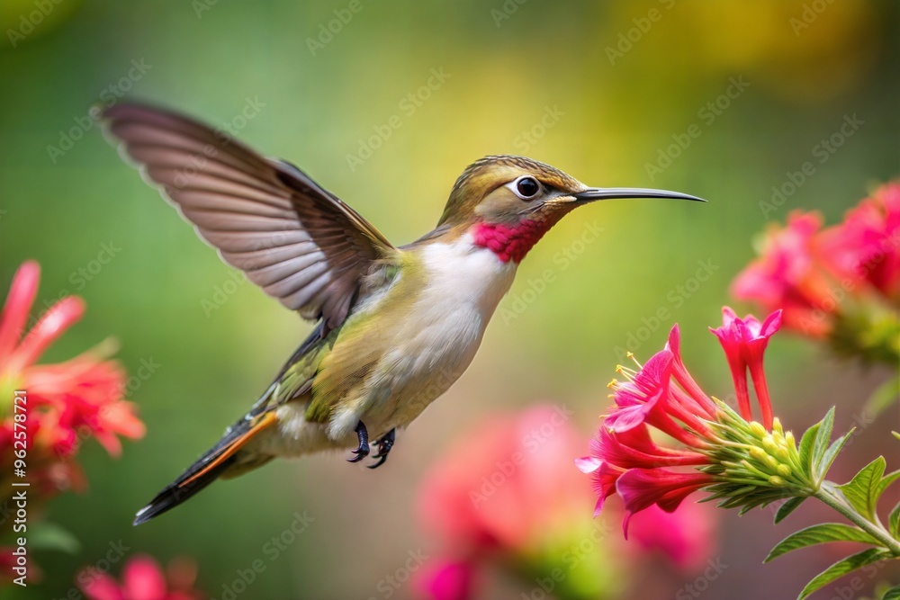 Fototapeta premium Close-up shot of hummingbird feeding on red flowers in lush green garden