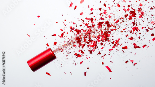 Bright red confetti bursting from a cannon during a festive celebration in the daytime