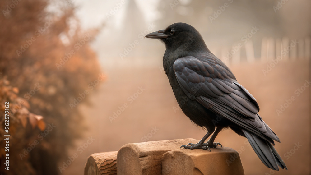 Obraz premium Black crow perched on wooden post in misty autumn forest for eerie atmosphere