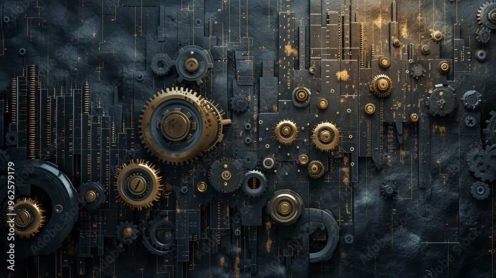 Detailed view of industrial mechanical gears and cogs arranged in a complex pattern. The blend of metallic and rusty textures creates a visually captivating scene, ideal for technology and engineering Detailed view of industrial mechanical gears and cogs arranged in a complex pattern. The blend of metallic and rusty textures creates a visually captivating scene, ideal for technology and engineering