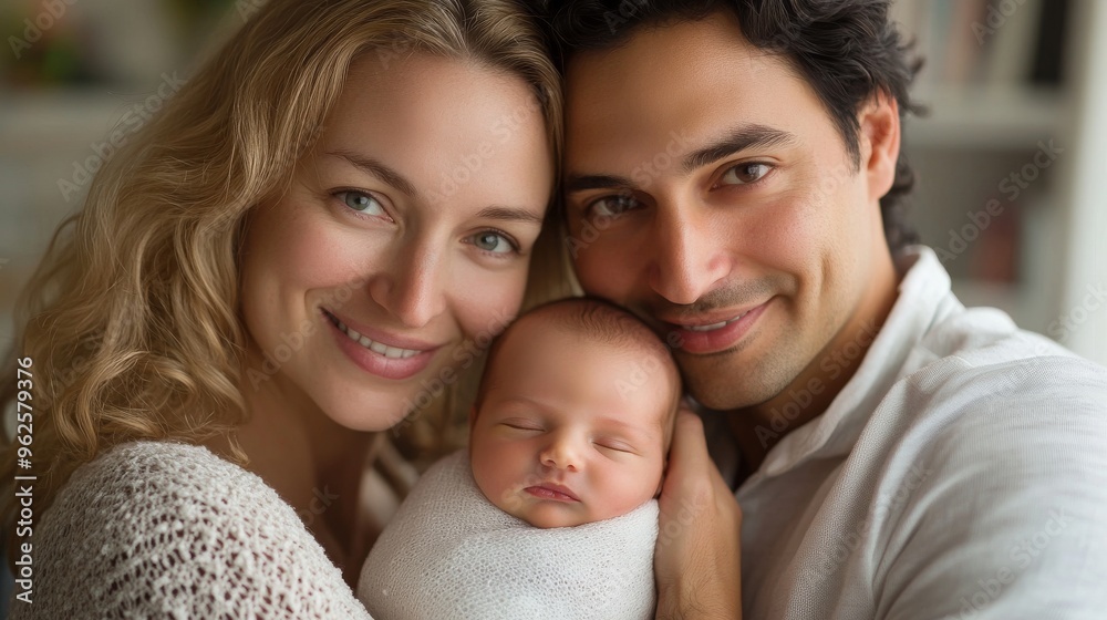 Loving Caucasian Parents with Newborn Baby in Soft Natural Lighting Embracing Neutral Tones Loving Caucasian Parents with Newborn Baby in Soft Natural Lighting Embracing Neutral Tones