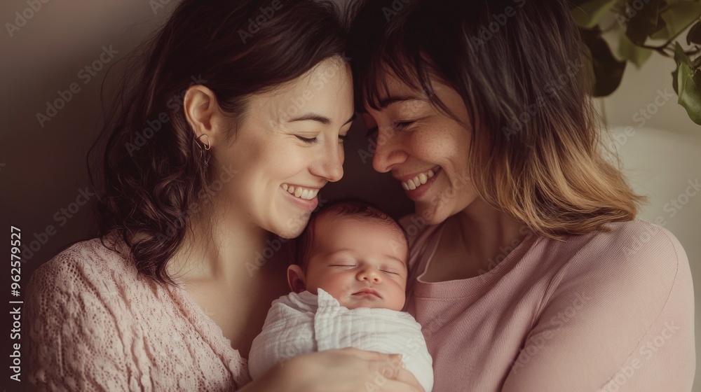Warm Smiles and Gentle Embraces: LGBTQ+ Mothers Holding Their Newborn, Captured in Soft Natural Light with a Neutral, Peaceful Background Celebrating Family and Love. Warm Smiles and Gentle Embraces: LGBTQ+ Mothers Holding Their Newborn, Captured in Soft Natural Light with a Neutral, Peaceful Background Celebrating Family and Love.