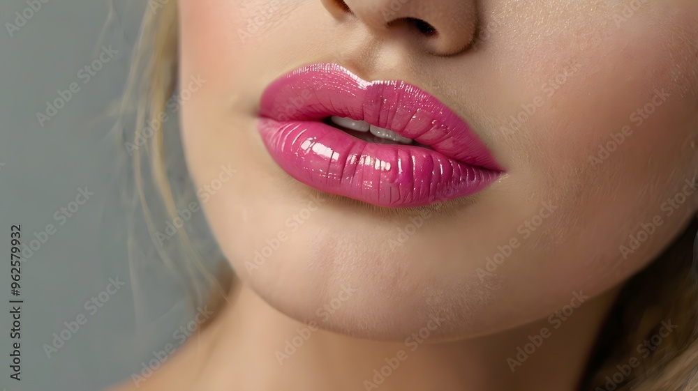 Obraz premium Close-up beautiful young attractive woman with sweet pink lipstick on lips, sensual girl wearing stunning color makeup, flirty radiant female confident look beautiful womanly and feminine cosmetics