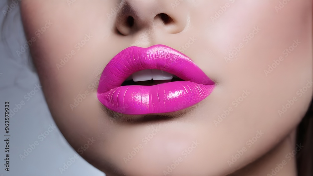 Obraz premium Close-up beautiful attractive woman with bright hot pink lipstick on lips, sensual girl wearing stunning color makeup, flirty radiant female confident look beautiful womanly and feminine cosmetics