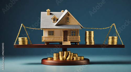 A miniature home placed on a set of balancing scales with gold coins on the other side, representing the equilibrium between housing affordability and market demand. The 3D illustration highlights rea