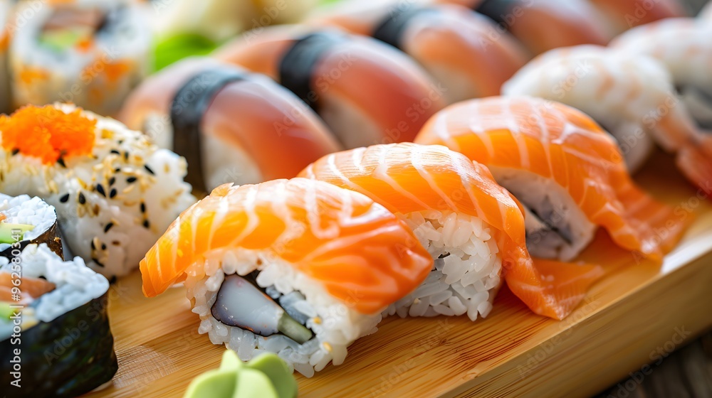 Fresh Salmon Sushi Rolls on Wooden Plate Fresh Salmon Sushi Rolls on Wooden Plate