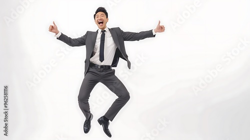 Asian young businessman, excited stance, neat suit, white background. 32k, full ultra HD, high resolution