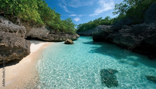 Secluded Tropical Cove with Clear Turquoise Waters and White Sand Beach