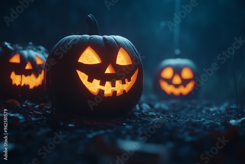 Group of Spooky Carved Pumpkins Glowing Brightly on a Dark Autumn Night