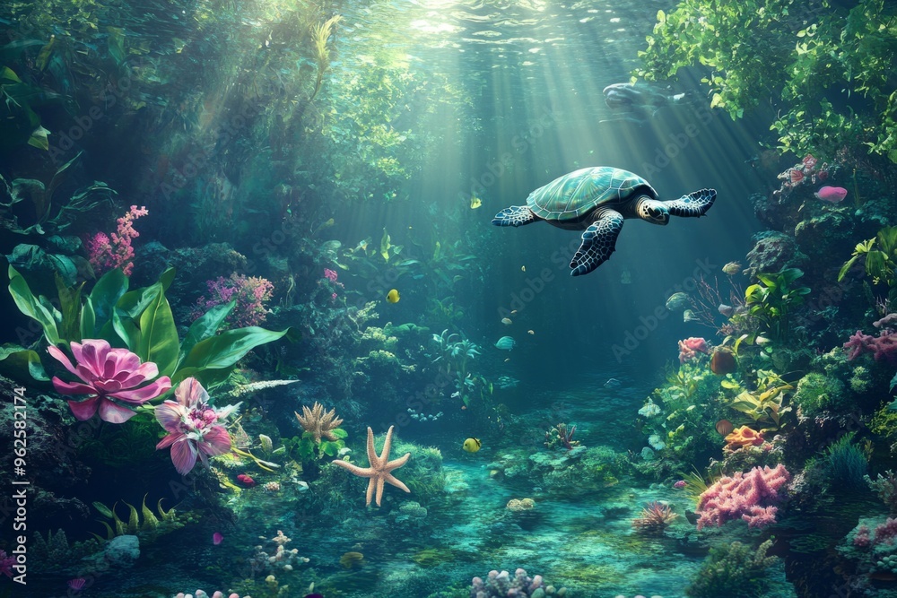 Fototapeta premium A serene underwater scene reveals a graceful turtle swimming among vibrant corals and flowers. This enchanting aquatic world captivates the beauty of marine life. Generative AI