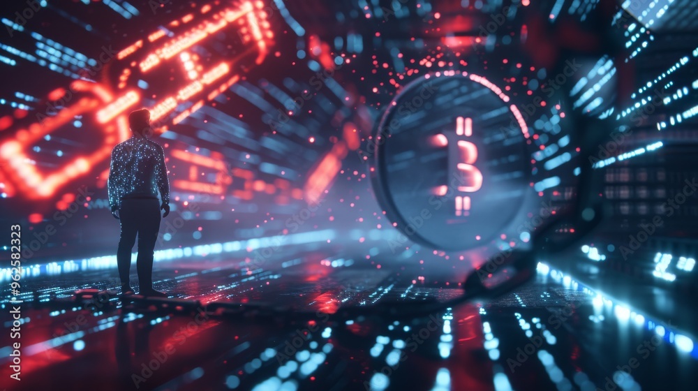 A lone figure stands in a futuristic digital realm surrounded by glowing neon lights and blockchain symbols. The immersive scene conveys a sense of advanced technology and the evolving world of A lone figure stands in a futuristic digital realm surrounded by glowing neon lights and blockchain symbols. The immersive scene conveys a sense of advanced technology and the evolving world of