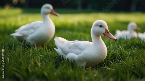 white ducks on a green grass