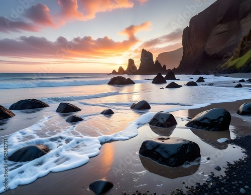 A dramatic sunset over a rocky beach with large boulders in the foreground and a distant cliff formation in the background. The sky is filled with colorful clouds and the water reflects the warm hues  photo