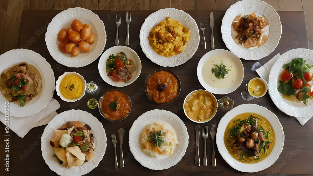 Table filled with food and dishes Background Table filled with food and dishes Background