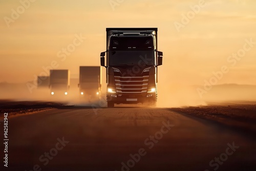 Silhouette of cargo trucks driving down a road at dusk, with a manager overseeing transportation flow, silhouette trucks driving, logistics transportation operations