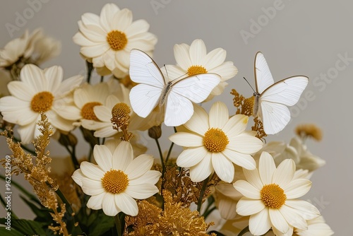 Delicate White Butterflies Blending with Creamy Flowers in Warm Golden Hues