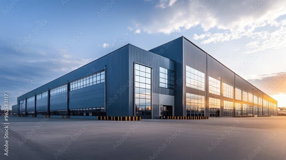 Obraz premium A modern, empty commercial warehouse with a wide open yard, showcasing the large space for efficient shipping and logistics operations
