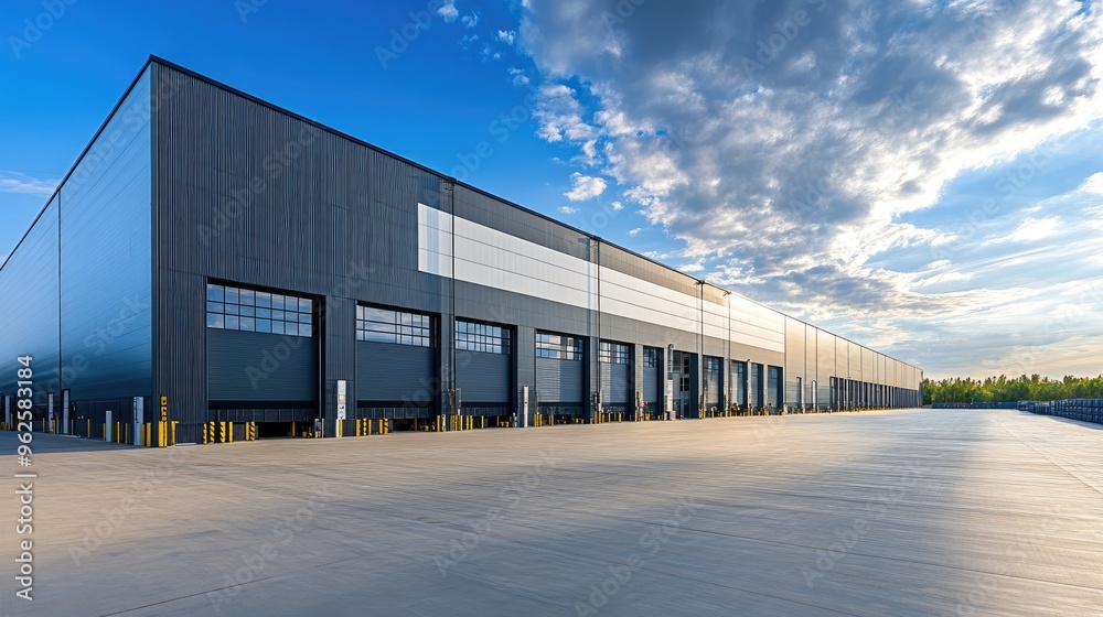 Fototapeta premium A modern, empty commercial warehouse with a wide open yard, showcasing the large space for efficient shipping and logistics operations