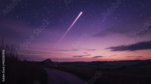 Starry Night Sky with Shooting Star over Scenic Countryside Landscape photo