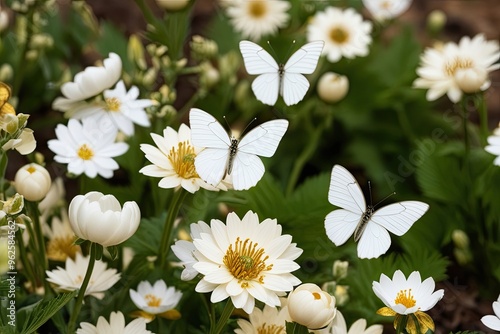 Stunning White Butterflies in Blooming Ivory Flowers with Golden Highlights in Spring Garden