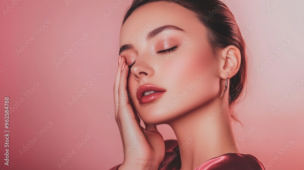 A woman with long dark hair and a pink background A woman with long dark hair and a pink background