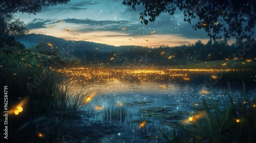 Enchanting Firefly Reflections at Dusk in the Forest Lake