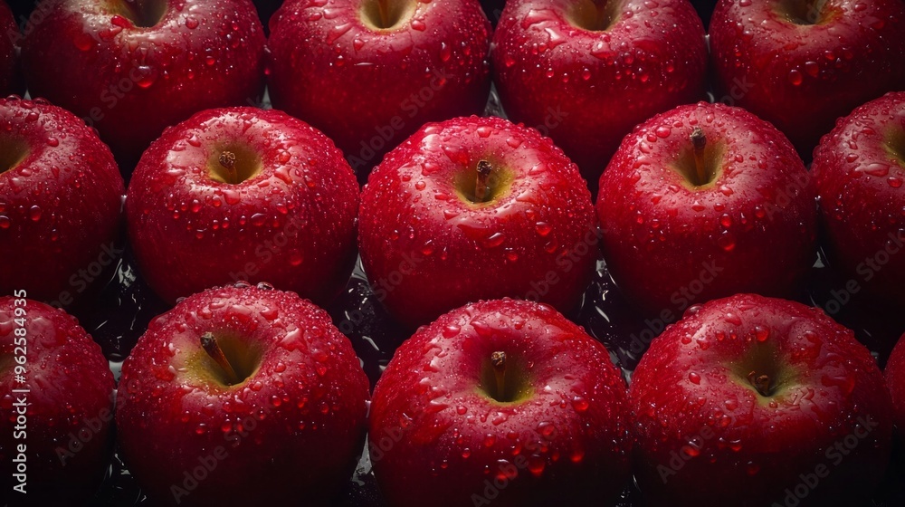 A row of red apples with water droplets on them A row of red apples with water droplets on them