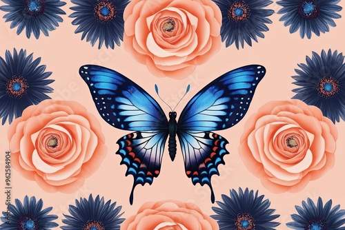 Stunning Peach and Indigo Flower Arrangement with Vibrant Butterfly