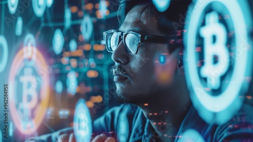 Close-up of a man wearing glasses, focused on holographic cryptocurrency symbols and blockchain graphics around him. The image highlights the immersive nature of modern fintech and digital currency