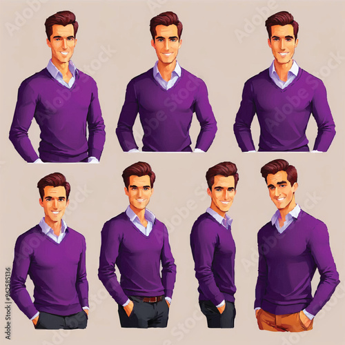 young handsome man poses wearing blue shirt and jeans half turn view different gestures set isolated vector illustration. Casual man character standing in poses. vector realistic illustrations.