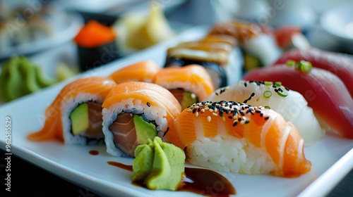 Close-up of a Plate of Fresh Sushi with Salmon, Avocado, and Sesame Seeds