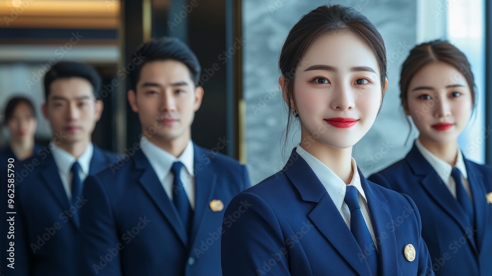 A group of people wearing blue suits and ties are standing together A group of people wearing blue suits and ties are standing together