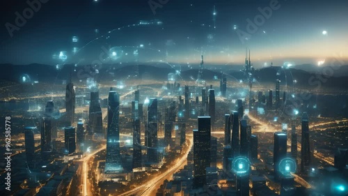 Smart City with Digital Connections at Night