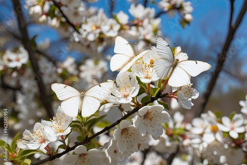 Mesmerizing White Butterflies Among White Flowers with Gold Highlights in Spring Nature Scene