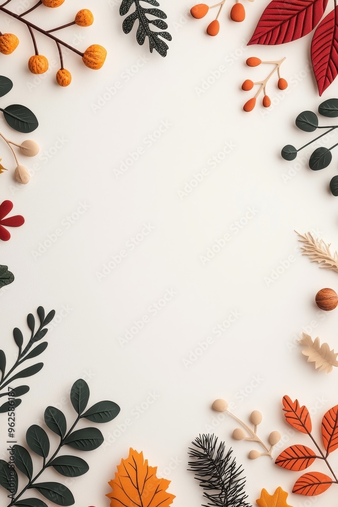 Minimalist autumn foliage and berries frame on white background