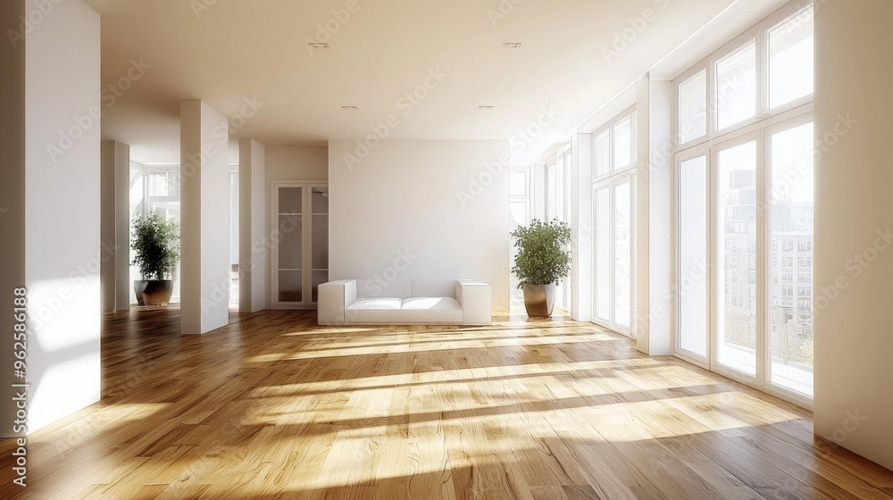 Obraz premium A large open living room with a white couch and a potted plant