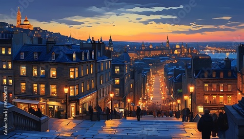 Charming urban night view, historical buildings in harmony with people