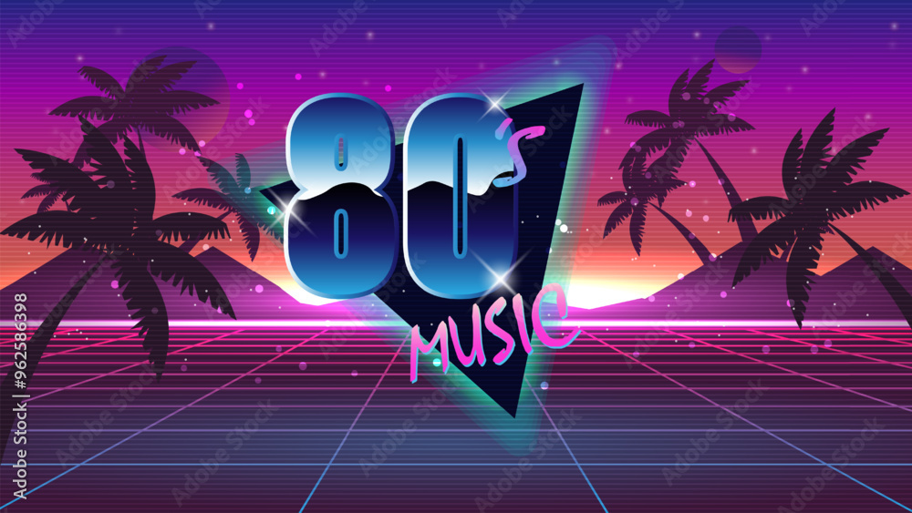Retro style disco design neon.80's music mix.80s background,Retro background in 80s 90s pop art style. Vapor wave disco party banner in neon colors.futuristic neon sunset.