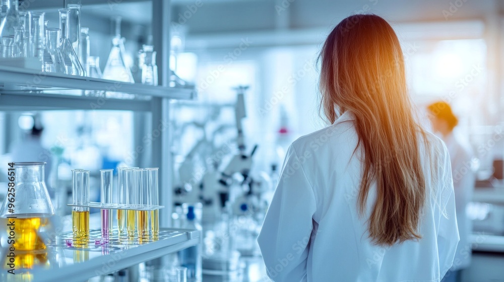 A woman in a white lab coat is standing in front of a shelf full of glass beaker A woman in a white lab coat is standing in front of a shelf full of glass beaker