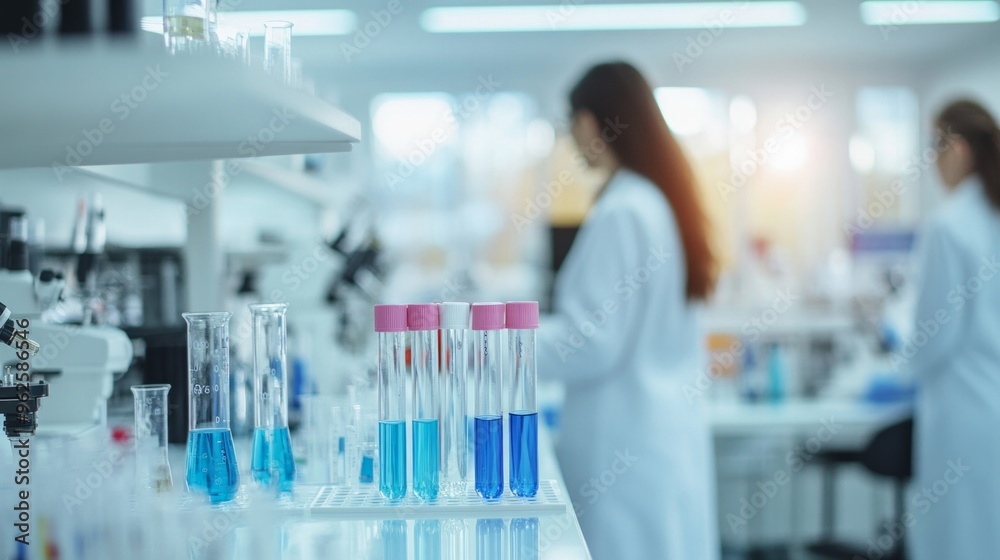 A woman in a lab coat is standing in front of a table with several beakers A woman in a lab coat is standing in front of a table with several beakers