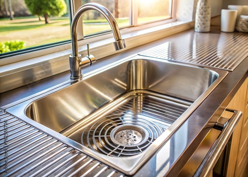 A shiny metal kitchen sink drainer filled with water, reflecting surrounding countertops and cabinets, under soft natural light, with a slight blur effect on the background. photo